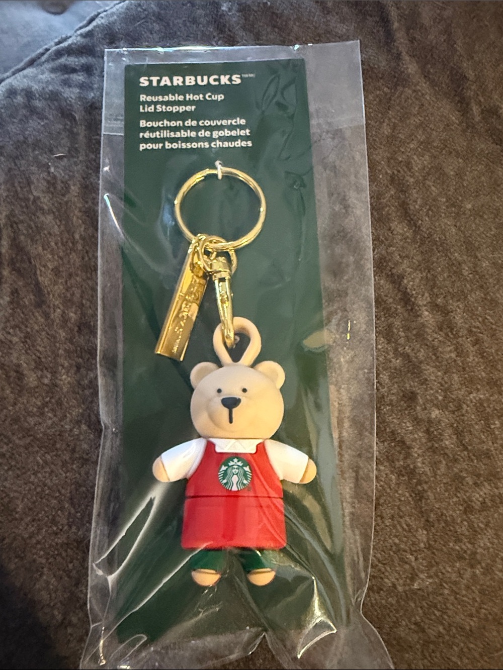 Starbucks Beige Bear Keychain with Red Apron and Green Logo